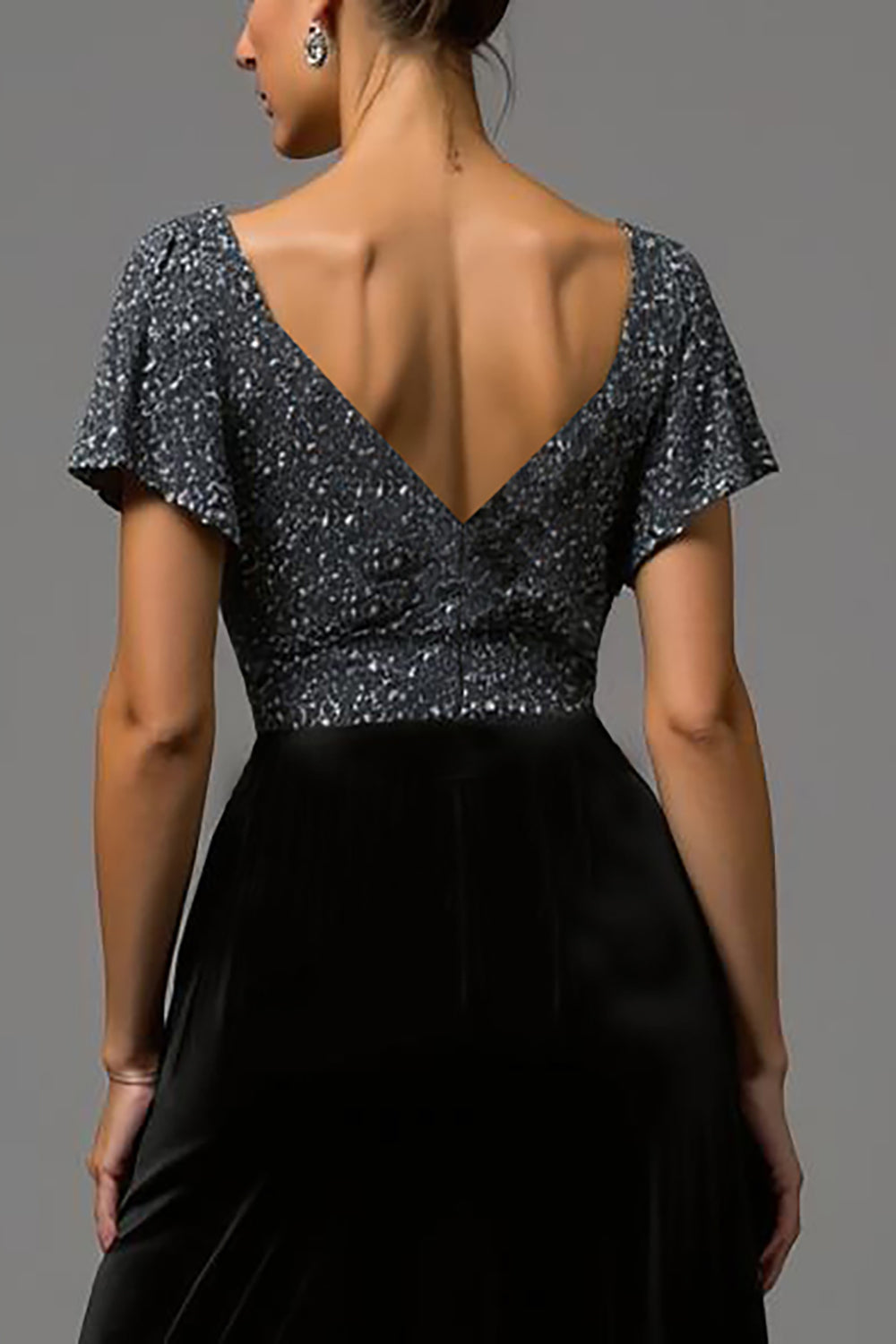 Robe longue formelle en velours noir et gris scintillant à paillettes