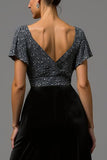 Robe longue formelle en velours noir et gris scintillant à paillettes