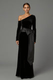 Robe formelle longue à une épaule en velours noir avec noeud