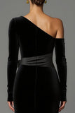 Robe formelle longue à une épaule en velours noir avec noeud