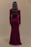 Robe formelle bordeaux à une épaule en satin à manches longues avec fente
