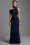 Robe longue formelle en satin asymétrique bleu marine