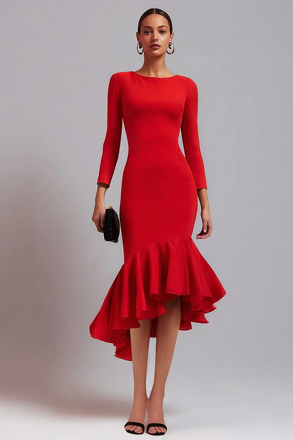 Robe de travail midi sirène à manches longues en satin rouge avec volants