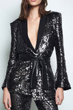 Sparkly noir 2 pièces femmes bal costumes avec ceinture