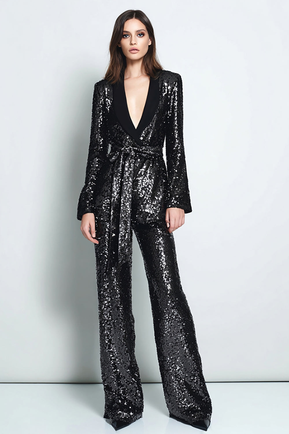 Paillettes noires scintillantes 2 pièces châle revers femmes bal costumes