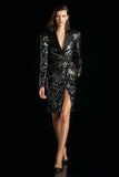 Brillant Noir Pointe Revers Femmes Blazer Robe Avec Fente