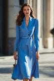 Bleu A Ligne revers cranté Robe blazer midi à manches longues avec ceinture
