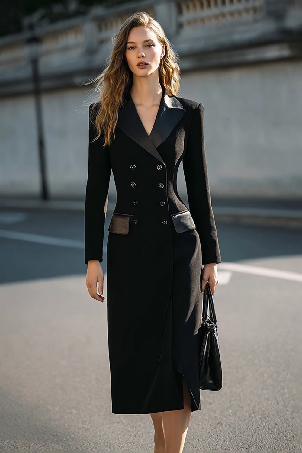 Robe blazer midi à double boutonnage noir crayon avec manches