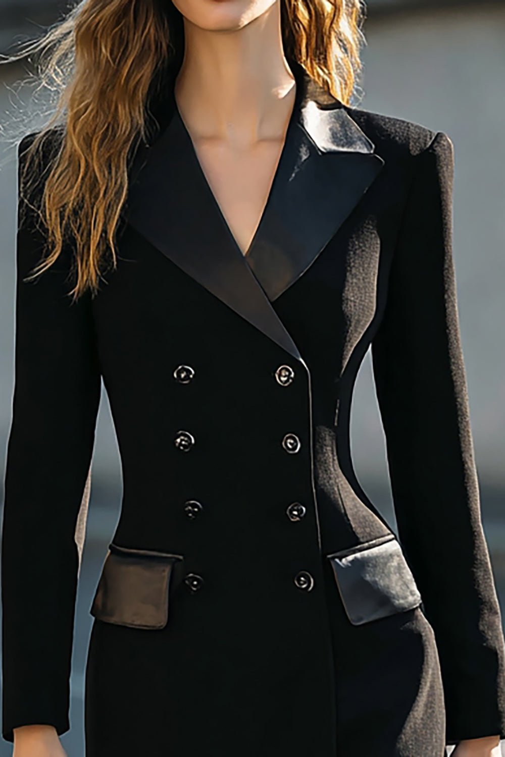 Robe blazer midi à double boutonnage noir crayon avec manches