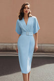 Robe de travail midi fourreau col en V bleu avec ceinture