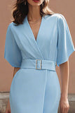 Robe de travail midi fourreau col en V bleu avec ceinture