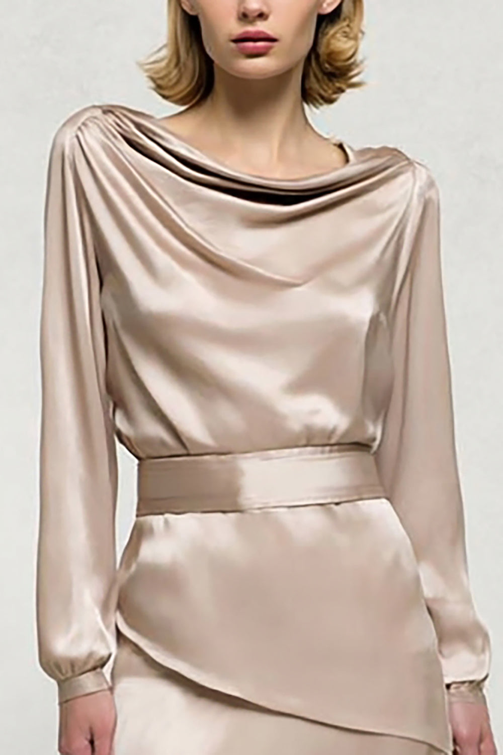 Robe de travail en satin à manches longues à col bénitier champagne