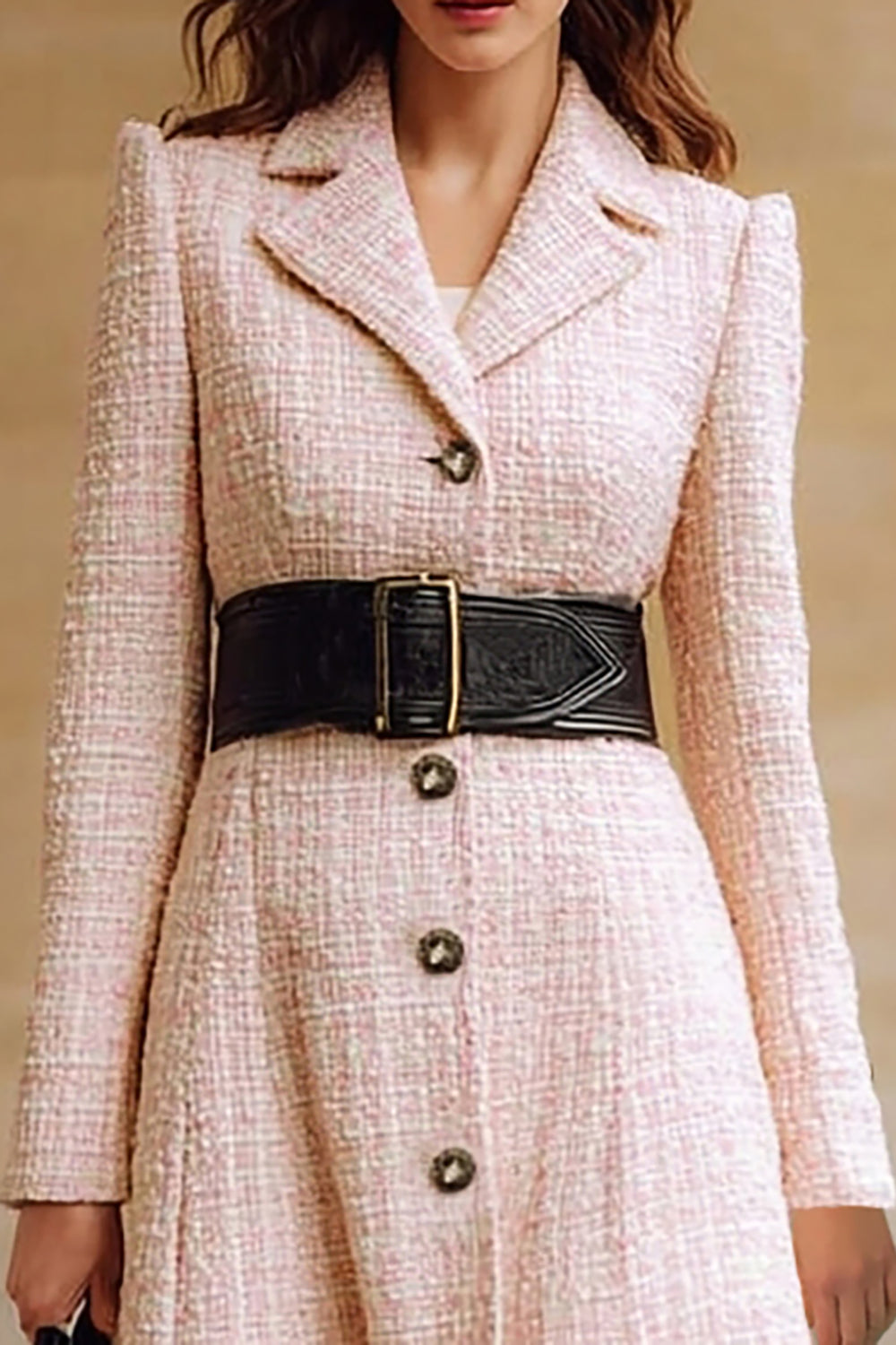 Robe de travail rose à revers crantés à revers simple boutonnage