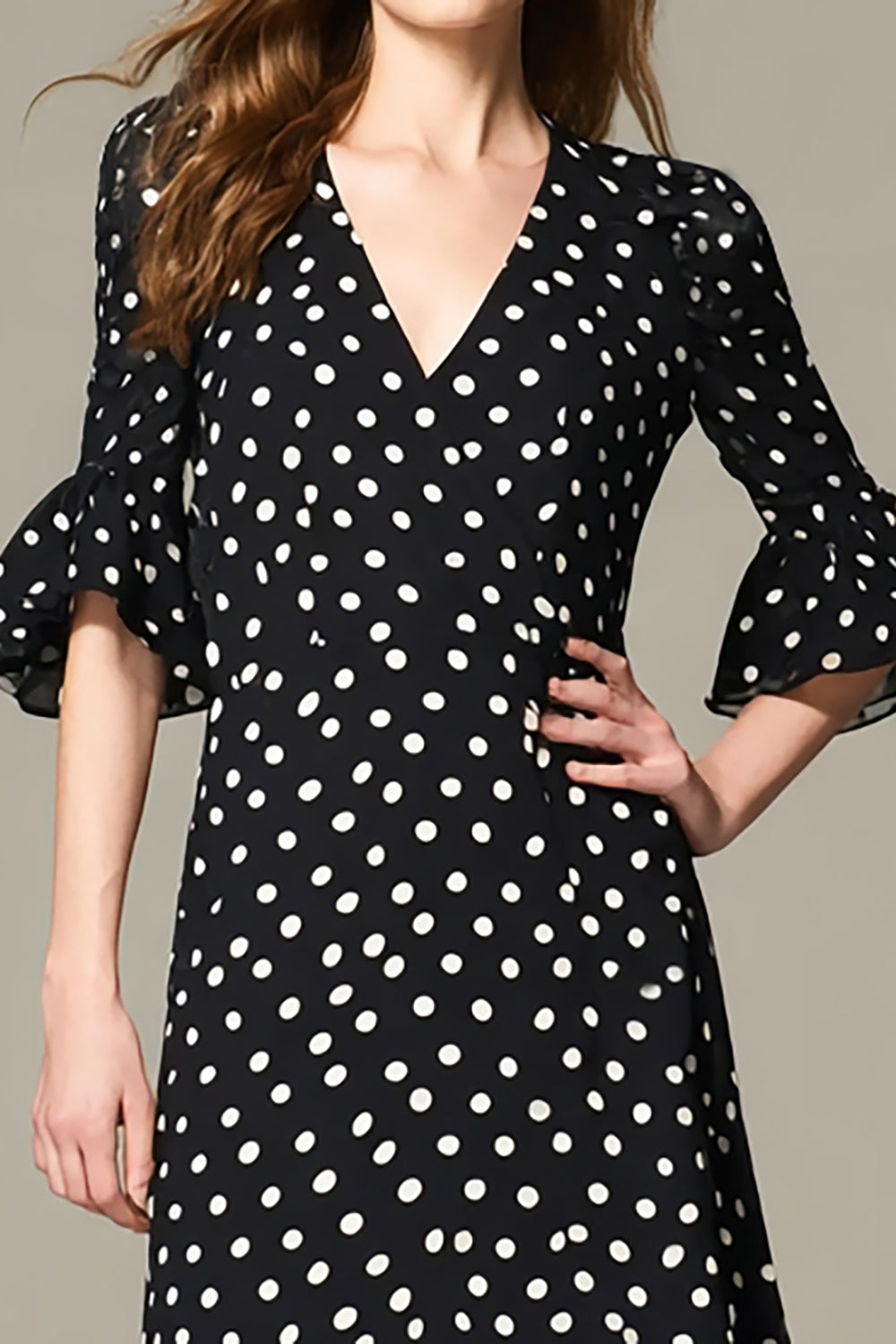 Noir Blanc À Pois À Volants Une Ligne Longue Formelle Robe Formelle Avec Manches