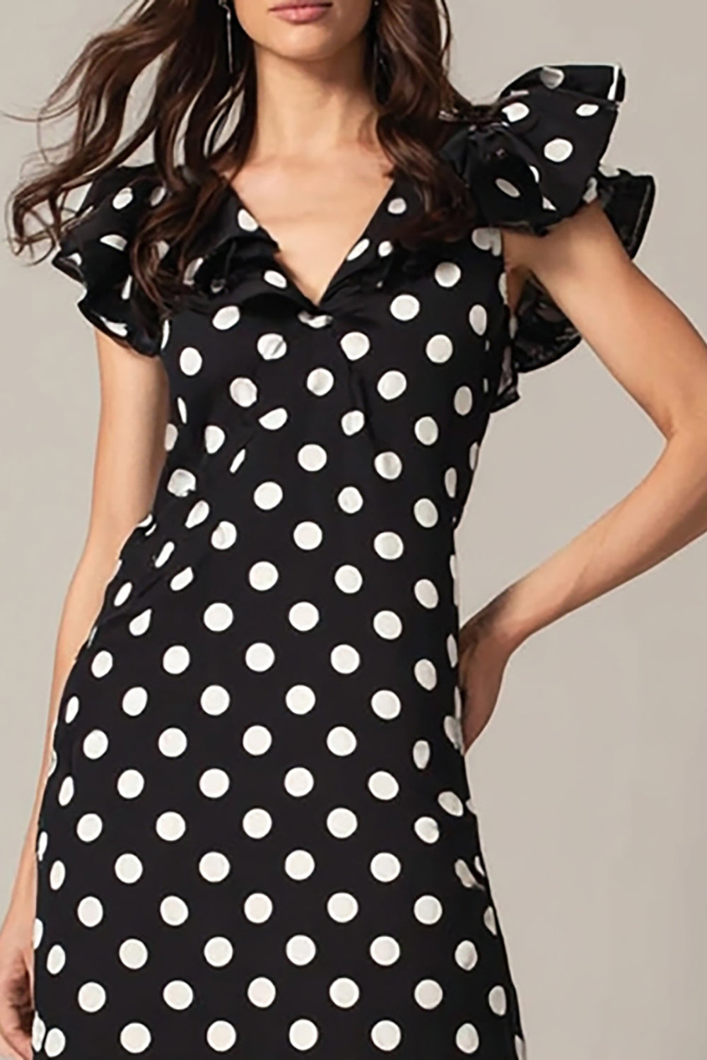 Noir Blanc À Pois Une Ligne Col en V Robe Longue Formelle avec Volants