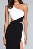 Noir et blanc Robe longue formelle à une épaule avec fente