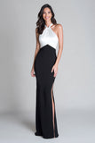 Robe longue formelle dos nu noir et blanc avec fente