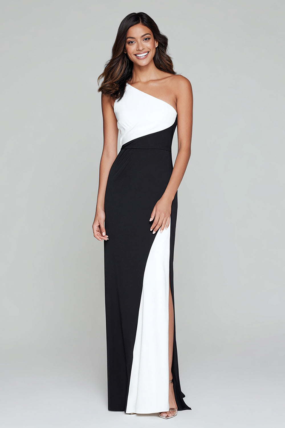 Noir et blanc fourreau une épaule robe formelle avec fente