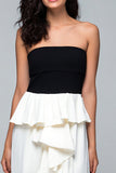 Robe longue formelle sans bretelles à volants noir et blanc avec fente