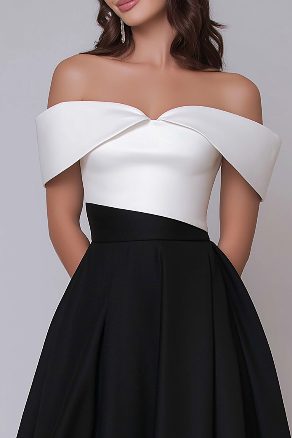 Épaule dénudée Noir et blanc Robe longue formelle corbeille