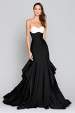 Robe longue formelle en satin sirène noir et blanc avec volants