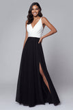 Col en V Noir et Blanc Robe Longue Formelle Trapèze avec Fente