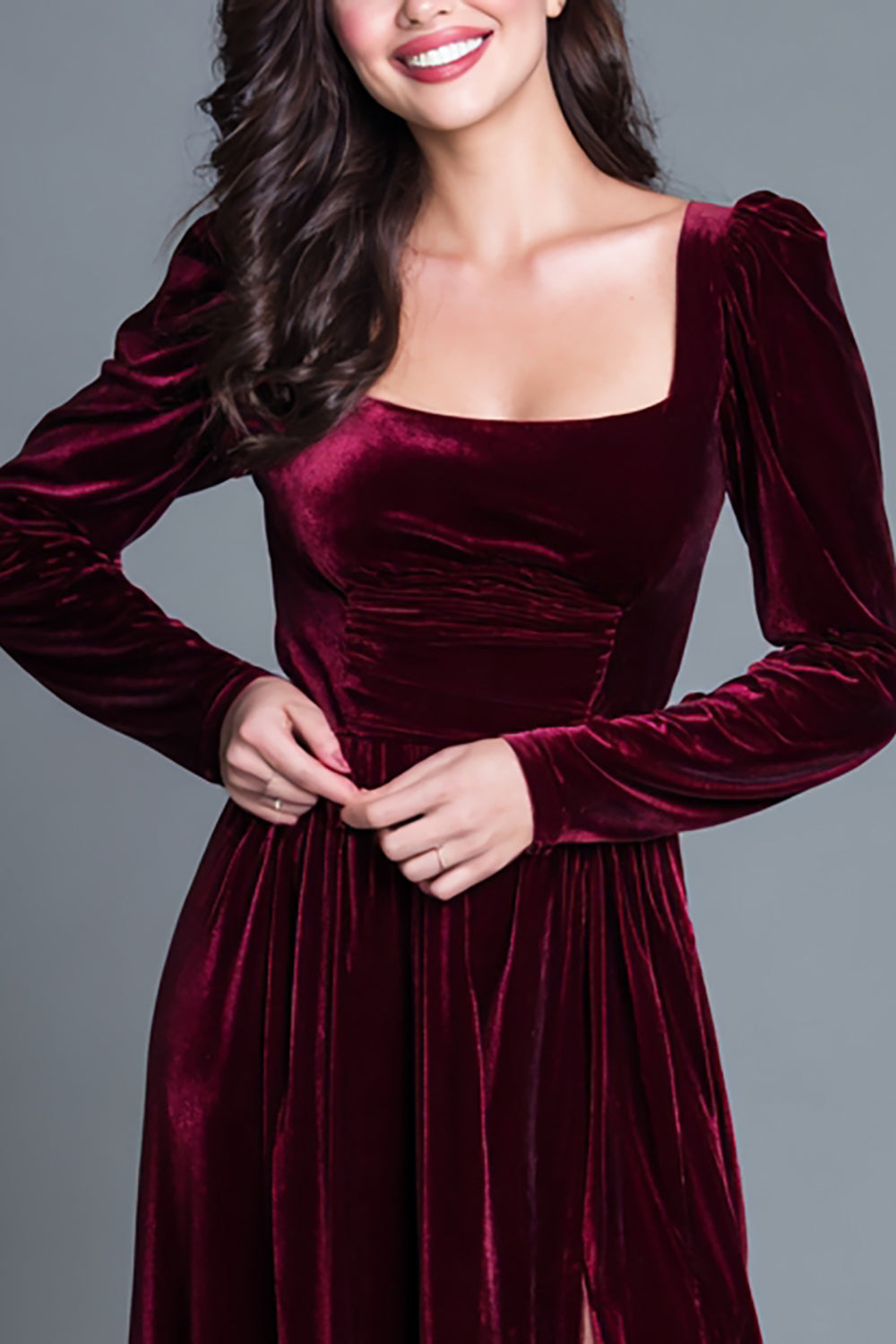Robe formelle Vlevet à col carré bordeaux A Line avec fente