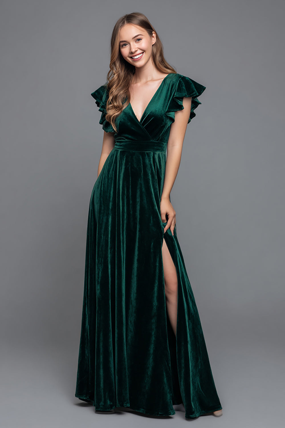 Robe formelle en velours à col en V vert foncé à manches à volants