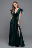 Robe formelle en velours à col en V vert foncé à manches à volants