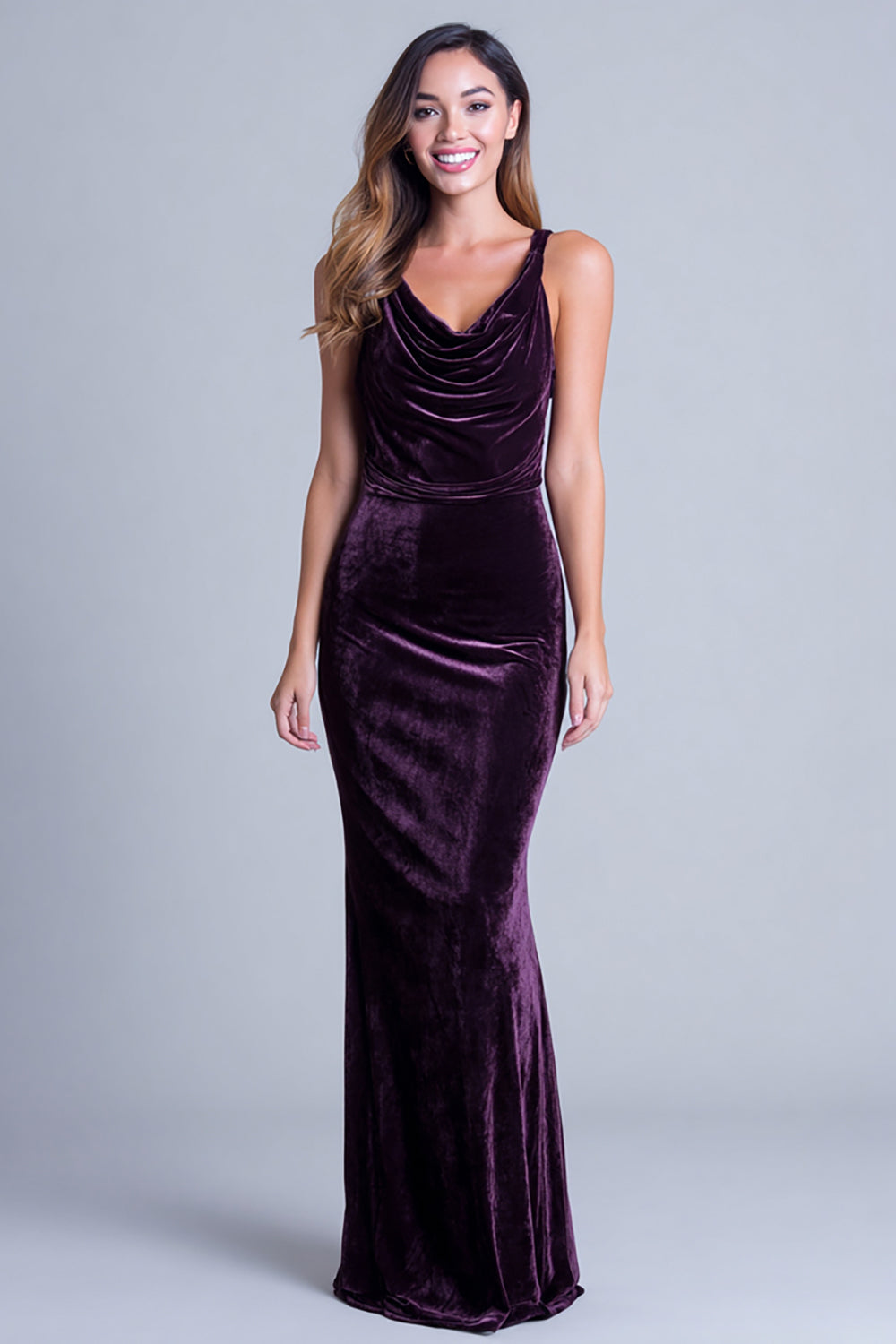 Robe formelle en velours à bretelles spaghetti prune