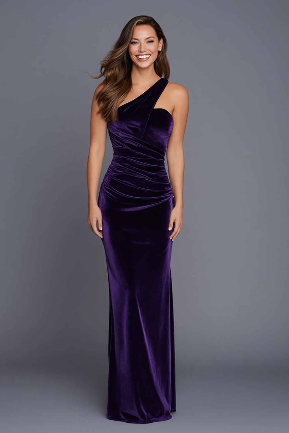 Robe formelle en velours froncé prune à une épaule
