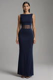 Robe formelle maxi à col bateau sirène bleu marine