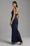 Robe formelle maxi à col bateau sirène bleu marine
