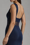 Robe formelle maxi à col bateau sirène bleu marine