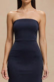 Robe longue formelle sans bretelles sirène bleu marine
