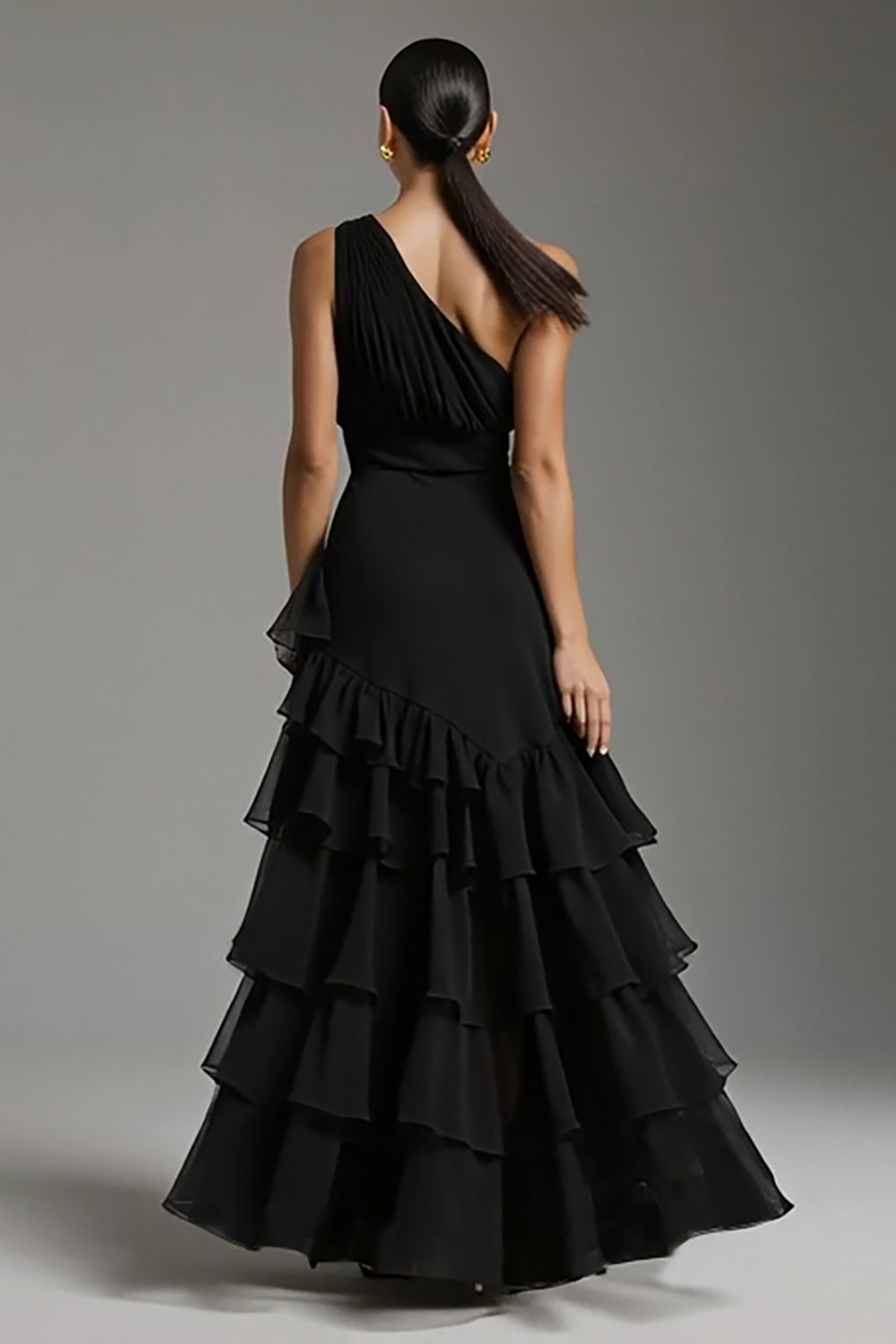 Noir A Ligne Tiered One Shoulder Maxi Robe Formelle avec Fente