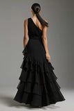Noir A Ligne Tiered One Shoulder Maxi Robe Formelle avec Fente