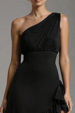 Noir A Ligne Tiered One Shoulder Maxi Robe Formelle avec Fente