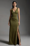 Robe maxi formelle à col en V fourreau olive avec fente