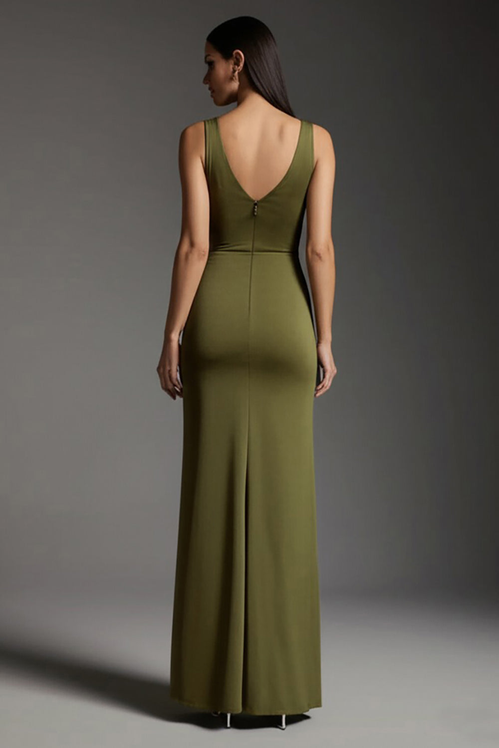 Robe maxi formelle à col en V fourreau olive avec fente