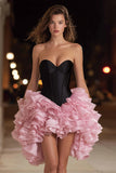 Noir et rose Robe de cocktail corset courte à volants