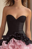 Noir et rose Une ligne corset en cœur Corset Robe de cocktail courte avec volants