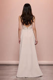 Robe de soirée froncée en satin fourreau ivoire avec fente
