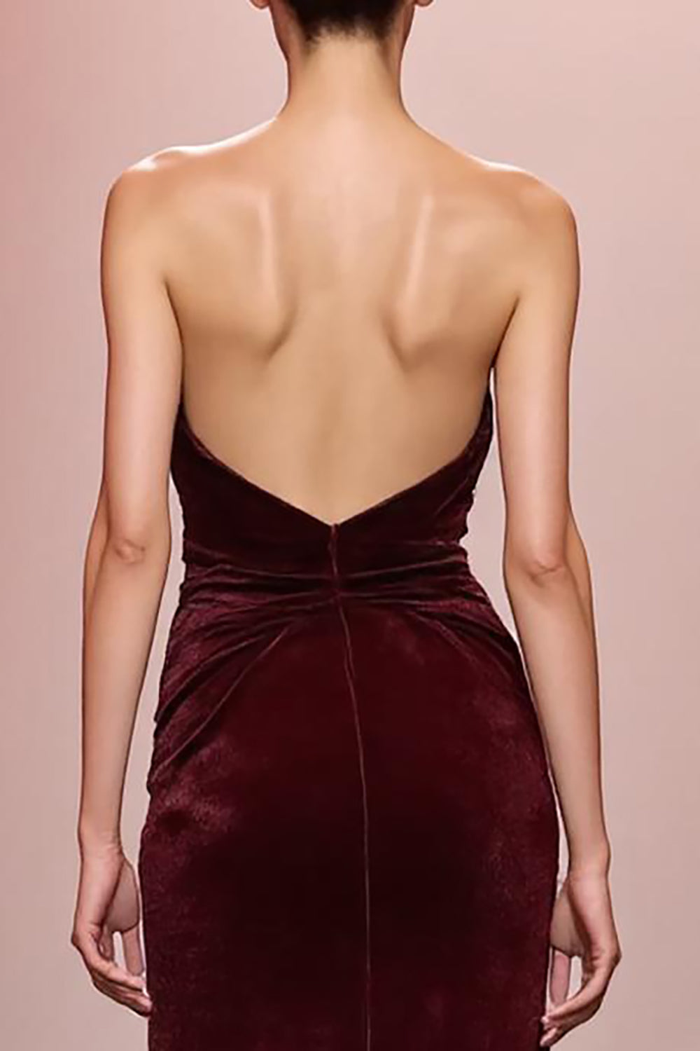 Robe de soirée longue sans bretelles en velours sirène rouge foncé