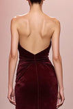Robe de soirée longue sans bretelles en velours sirène rouge foncé