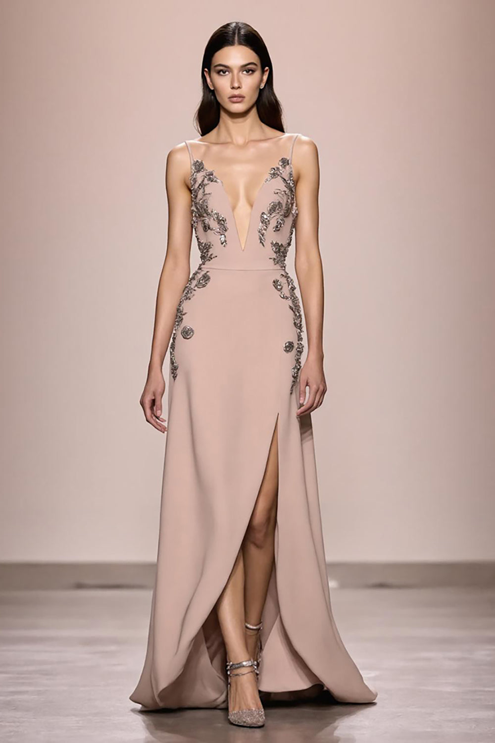 Champagne Une ligne Robe de soirée longue en satin avec fente