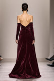 Robe de soirée longue bustier en velours rouge foncé avec fente