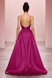 Robe de soirée longue à bretelles spaghetti froncées en satin prune