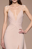Robe de soirée maxi froncée en satin champagne avec fente
