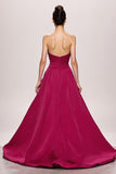 Satin fuchsia Une ligne Ruchée Sans Bretelles Robe De Soirée Longue Avec Fente